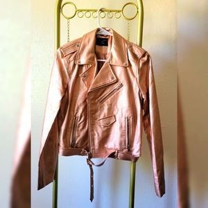 Rose Gold PU Jacket with Real Pockets. Belted The Bottom For Fitted Fit.